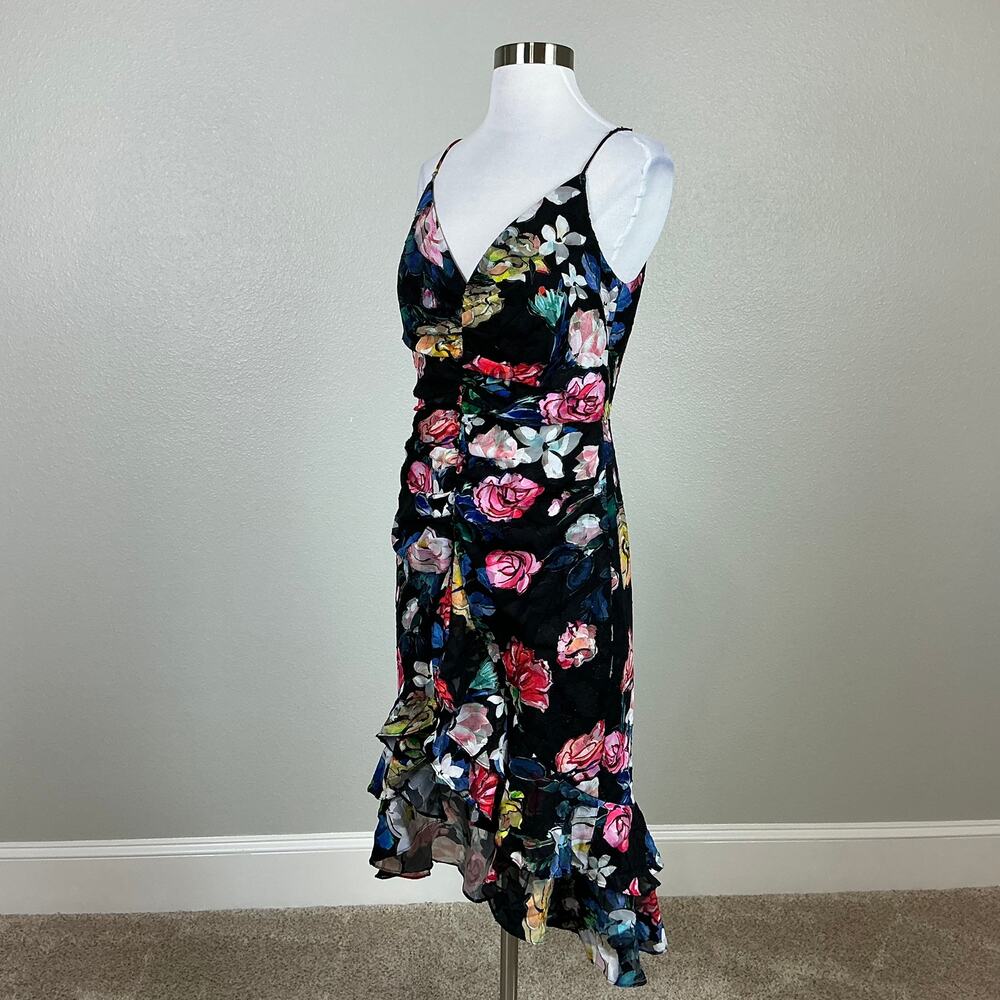 Aidan Mattox Floral Print Ruched High-Low Sleeveless Cocktail Dress Black Size 6 - Picture 5 of 13